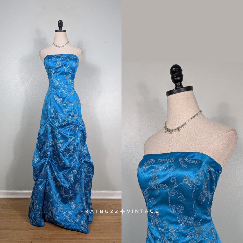 Vintage Prom Dress Maxi Gown 10 Blue Floral Y2K Corset Strapless Glam Princess